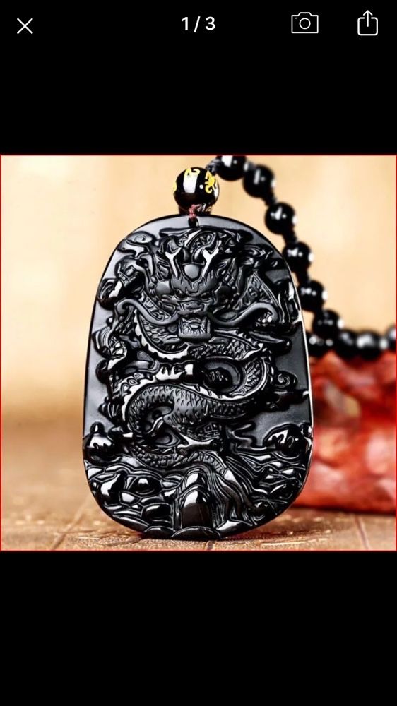 Lant cu pandant black obsidian,dragon