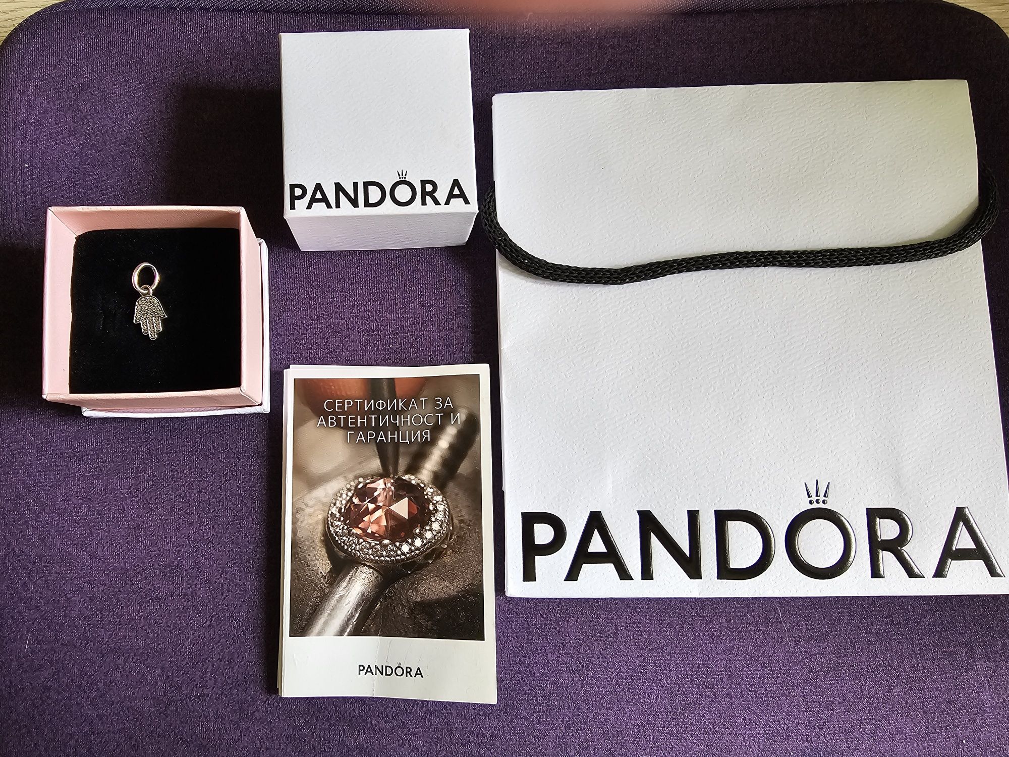 Висулка Pandora-Ръката на Фатима. Сребърен компл. със син опал "Меандъ
