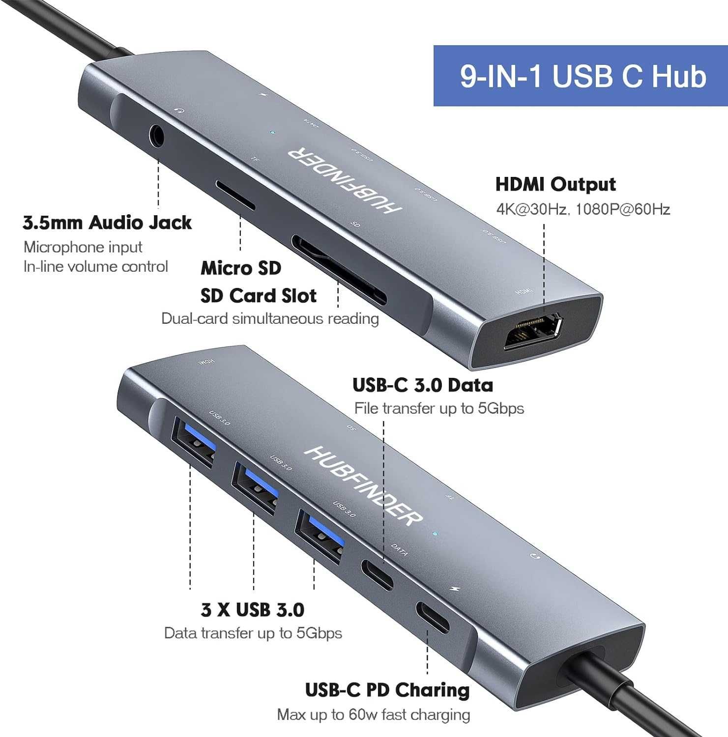 USB C хъб, многопортов адаптер 9 в 1  хъб със 100W мощност