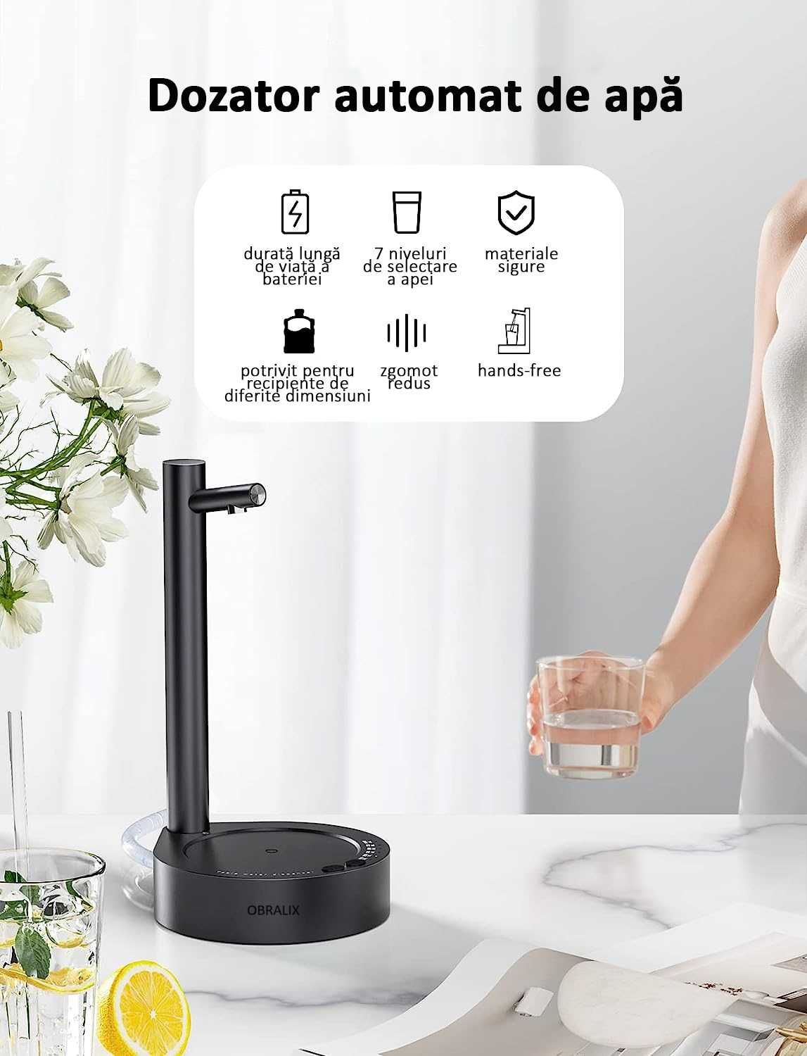 Dozator apa, pompa electrica, 7 moduri, cu acumulator, OBRALIX®
