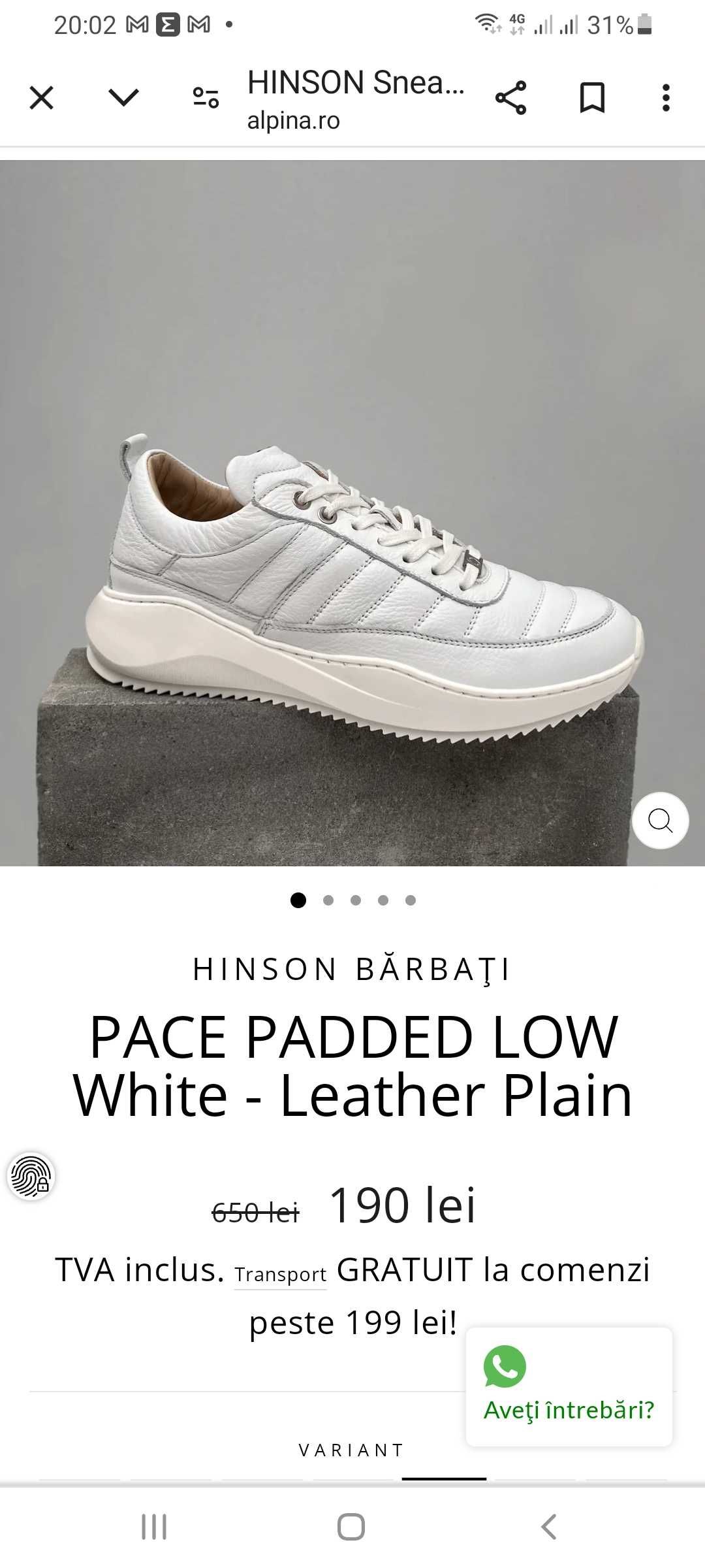 Pantofi sport albi piele barbati model Hinson marimea 41