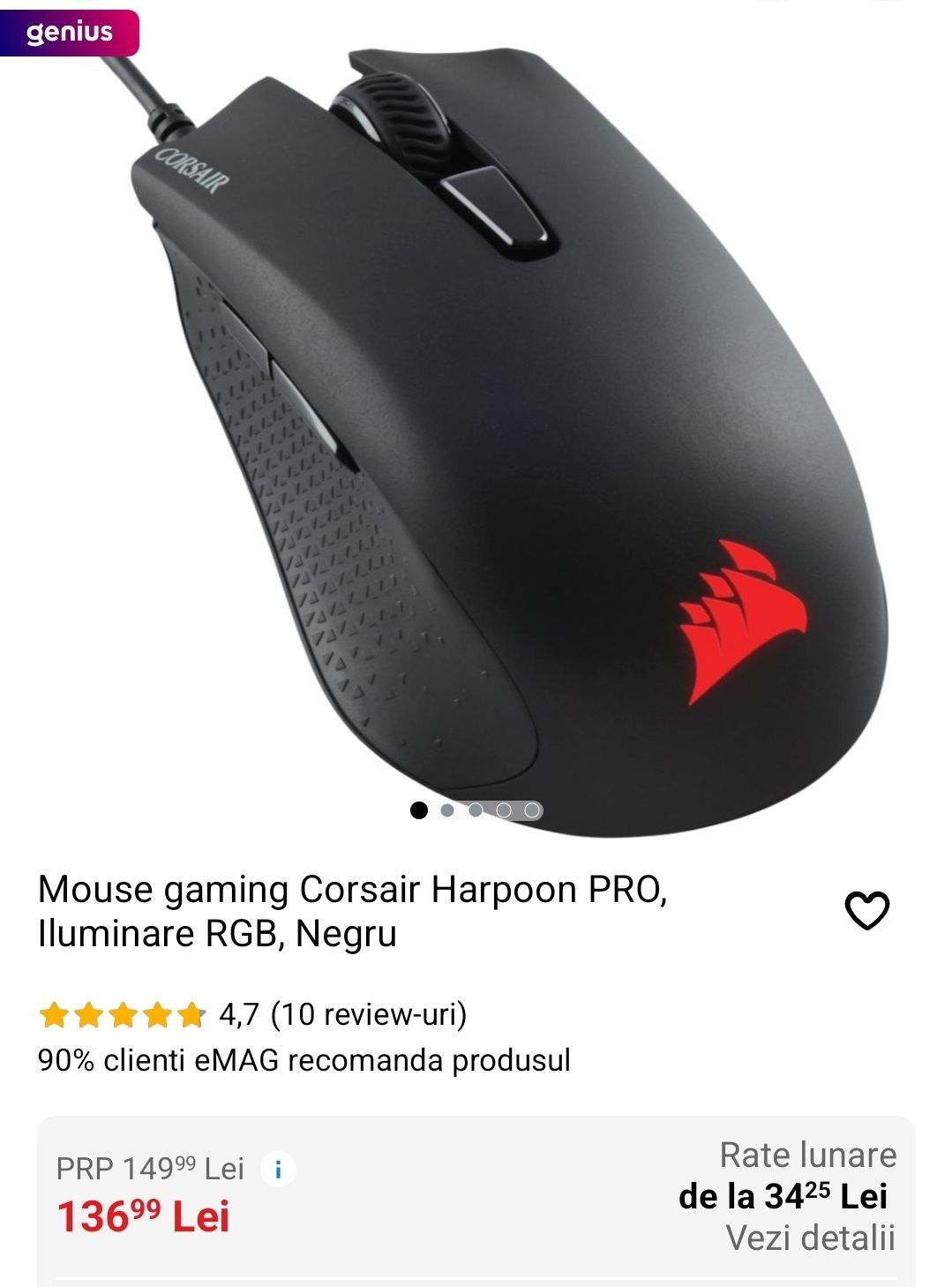 Mouse gaming Corsair Harpoon RGB PRO, Negru