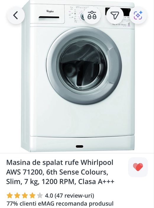 Masina de spalat rufe WHIRPOOL AWS 71200 slim 6th sense 7kg A+++