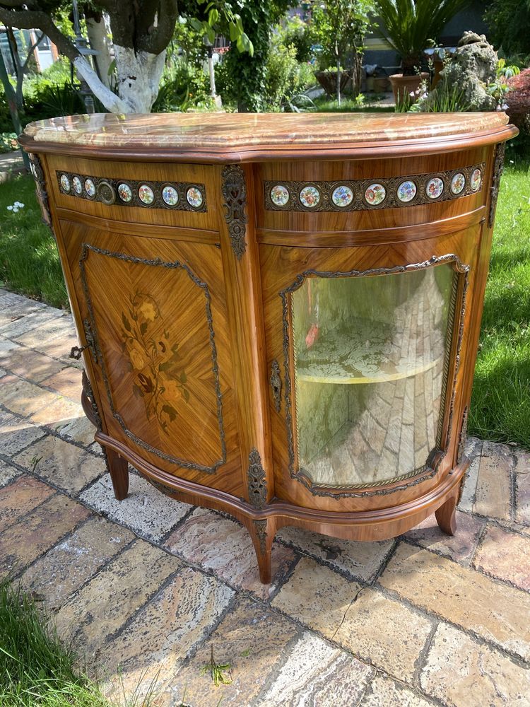 Comoda Lemn Bronz Portelan Blat Marmura Vintage Antic