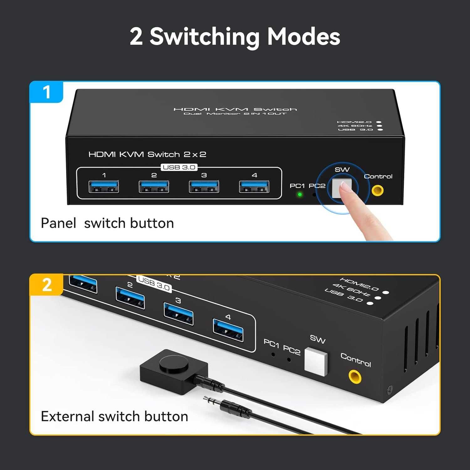 VPFET HDMI KVM превключвател 2 монитора 2 компютъра 4K60HZ