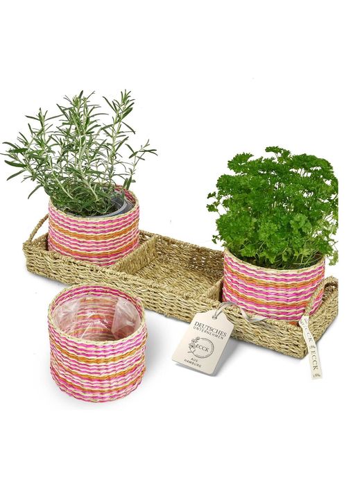 Set 3 ghivece decorative, cu tava, din ratan natural, pentru plante