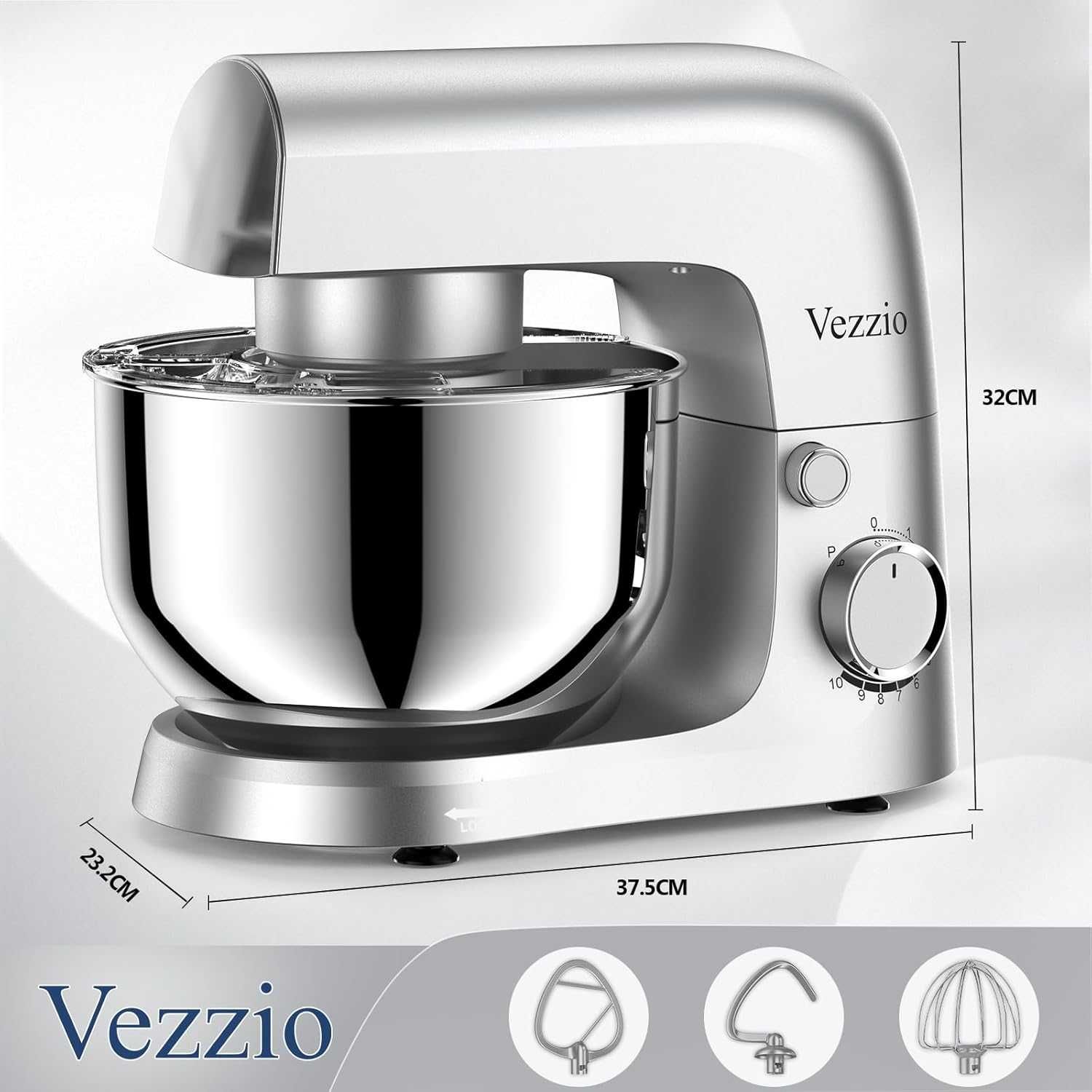 Стоящ миксер Vezzio, 4,5 литра, 1500 W, 10 скорости, сребрист