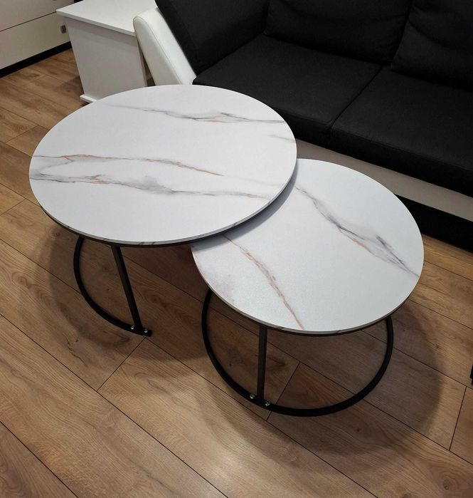 Masa cafea alba, cadru metalic negru