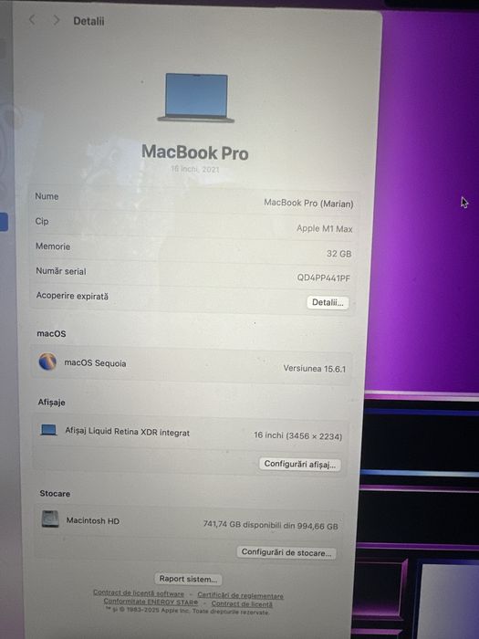 MacBook pro  2021 M1 /32 GBRam / 1TB SSD -Stare impecabila