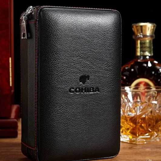 Кедров кожен Хумидор - кутия за пури място за запалка, резец и пури