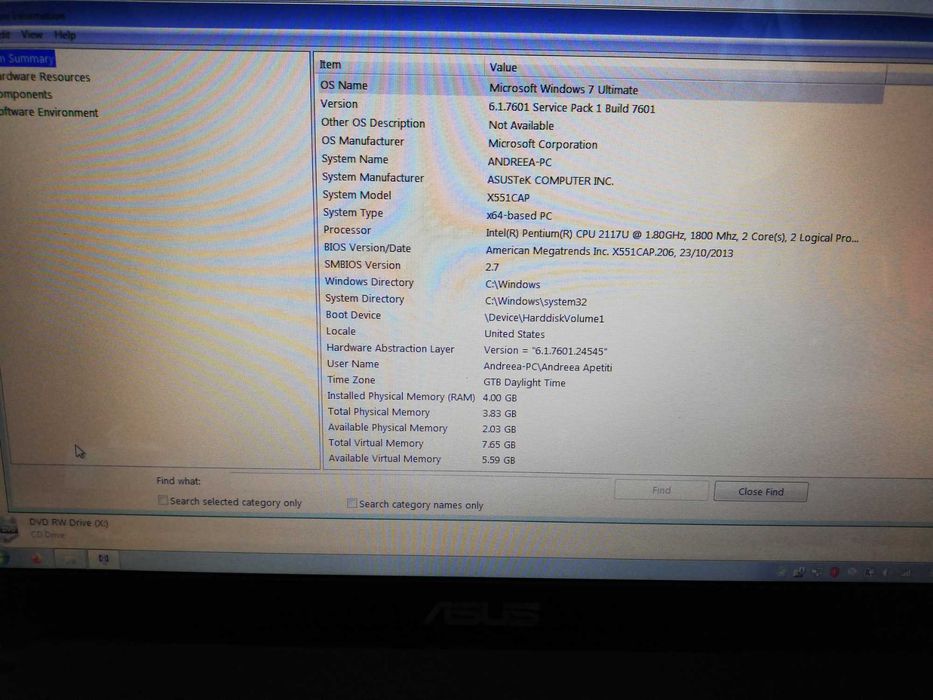 Laptop Asus Intel Cpu 2117u 2 COre 4 GB ram hdd 500gb