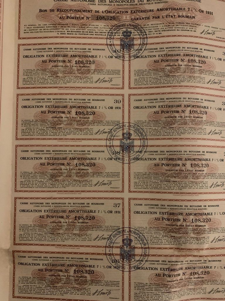 titlu stat 1000 franci aur 1931 Royaume de Roumanie bond neincasat