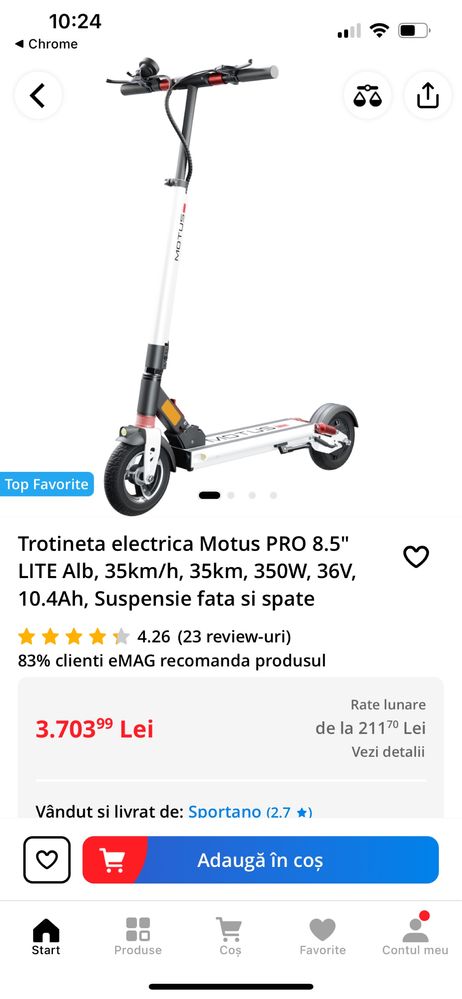 Trotineta electrica Motus PRO 8.5" LITE Alb, 35km/h, 35km autonomie