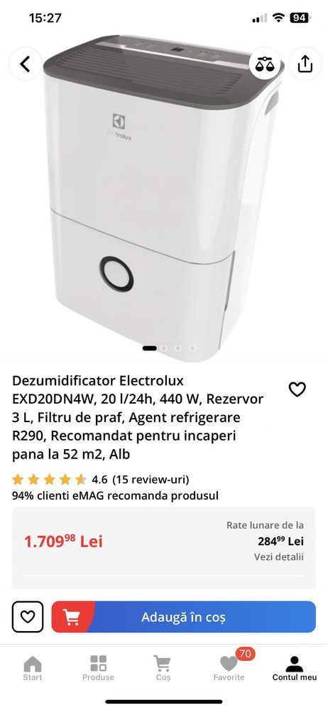 Dezumidificator Electrolux EXD20DN4W, 20 l/24h