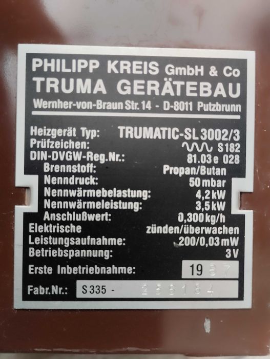 Газов отоплител Truma	SL-3002