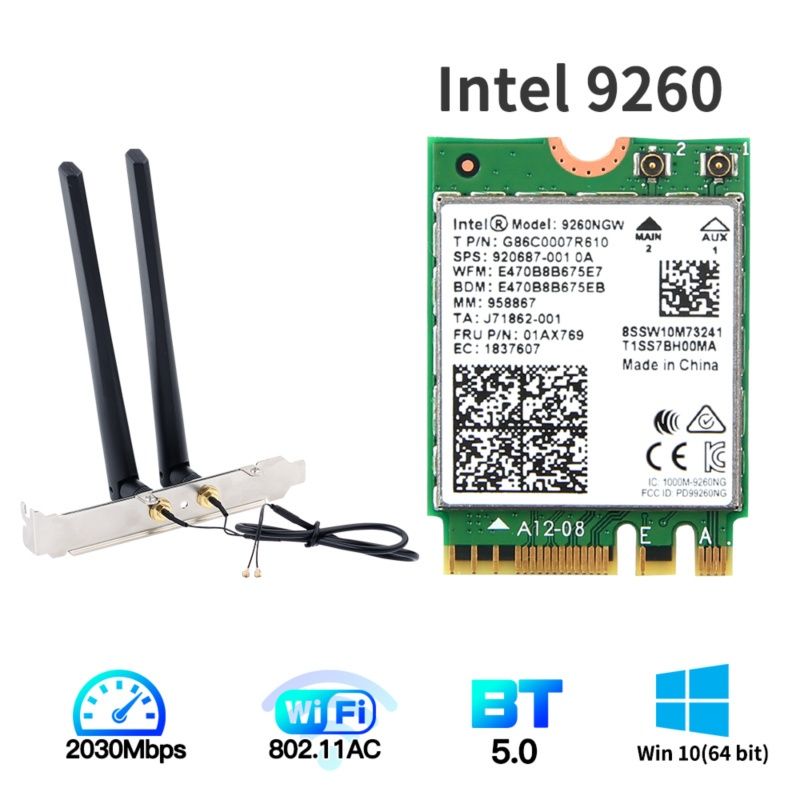 Двухдиапазонная карта Intel M.2 9260NGW, 1730 Мбит/с, Bluetooth 5,0, 8