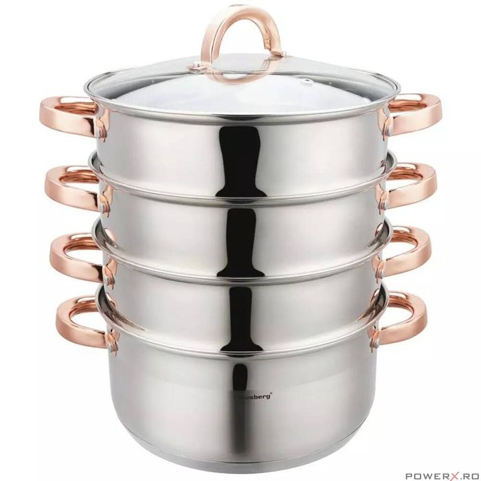 Oala pentru fiert la abur, 5 elemente, cu manere roze, 24cm, 5.0L,