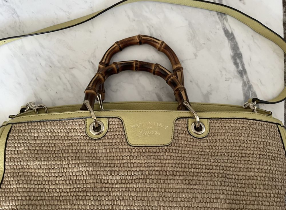 Gucci geanta shopper, autentica, piele si raffia