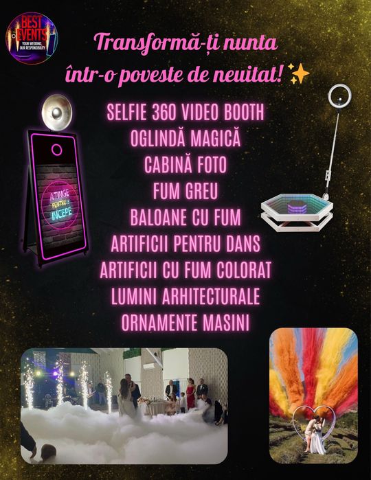 Cabină foto, 360 video, fum greu, artificii