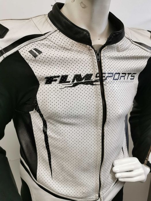 Costum moto piele FLM alb cu cocoașă mărime 50