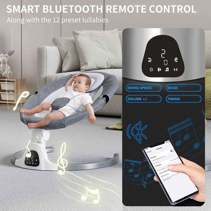 Balansoar Bluetooth pentru bebeluși,cu 5 viteze și 12 cântece d 0-9