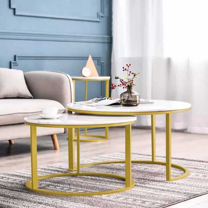 Set 2 masute rotunde de cafea cu efect de marmura, blat MDF