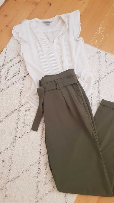Zara Зелен панталон официален с висока талия (с бяла блуза)
