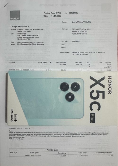 Honor X5c Plus, Garantie 2 ani