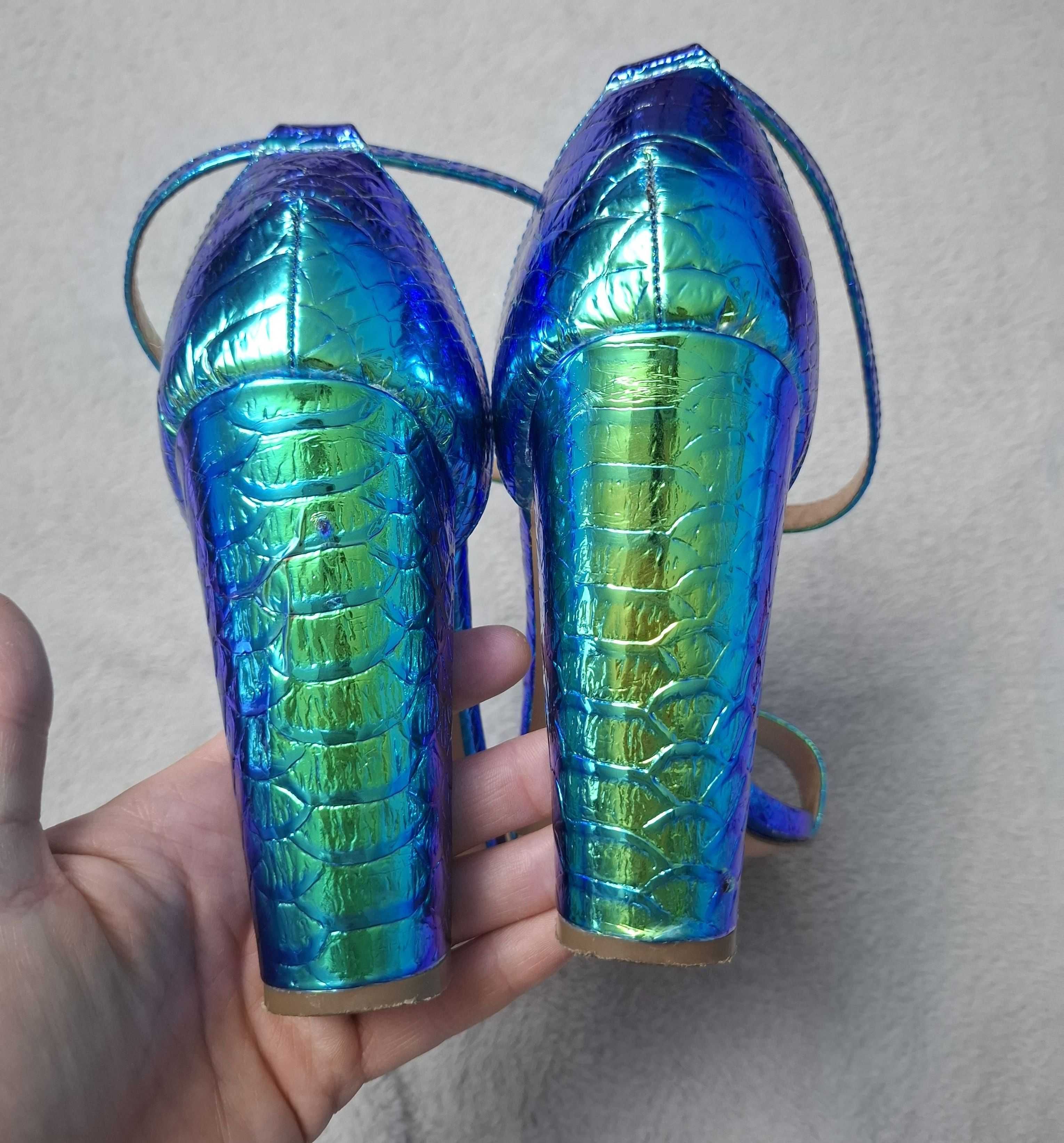 Sandale cu toc gros, albastru, 40, Sweet Shoes