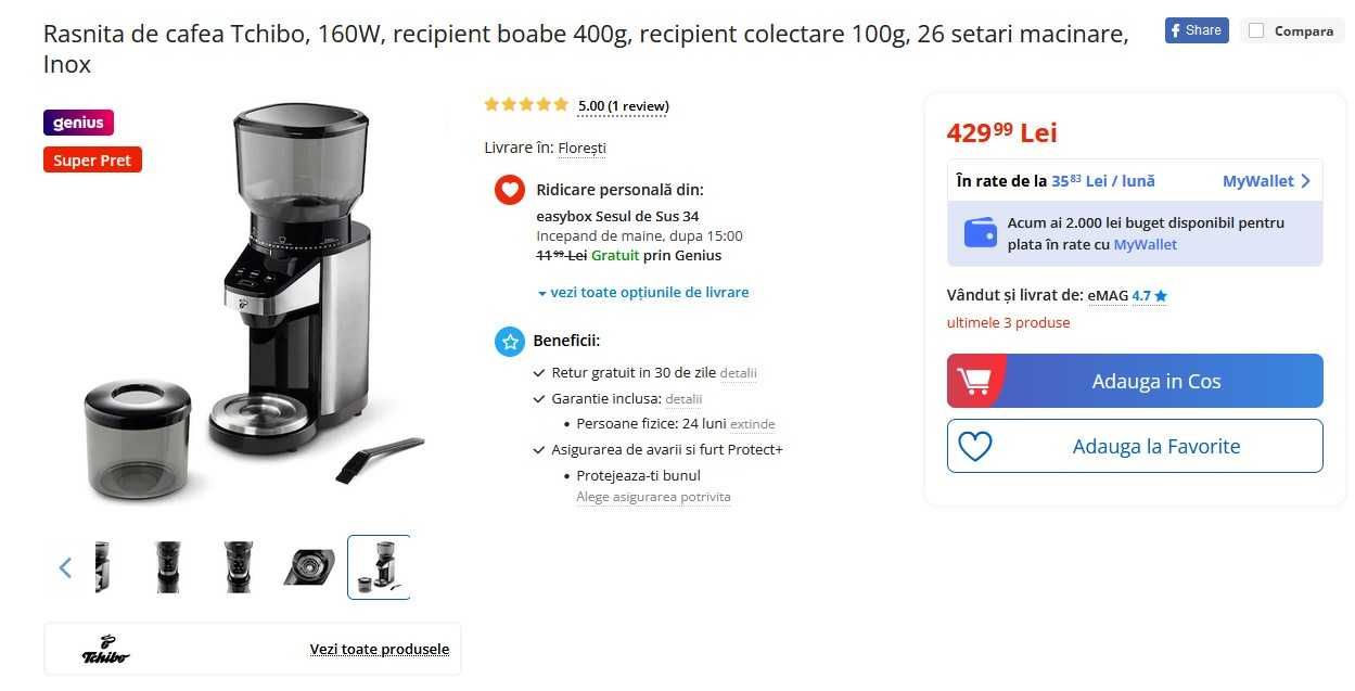 Rasnita de cafea Tchibo, 160W, recipient 400g/colectare 100g -SIGILATA