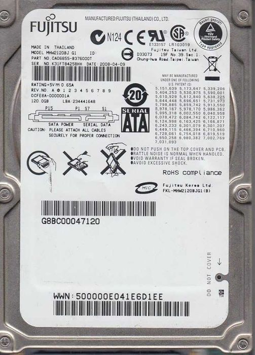 Hard Disk Fujitsu MHW2120BJ G1 120GB 7.2K RPM SATA 9.5mm Hdd Laptop