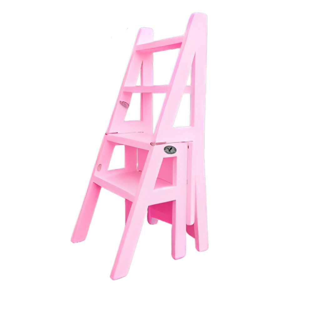 Scaun si scara 2 in 1, lemn masiv, 90x42 cm, Barbie Pink