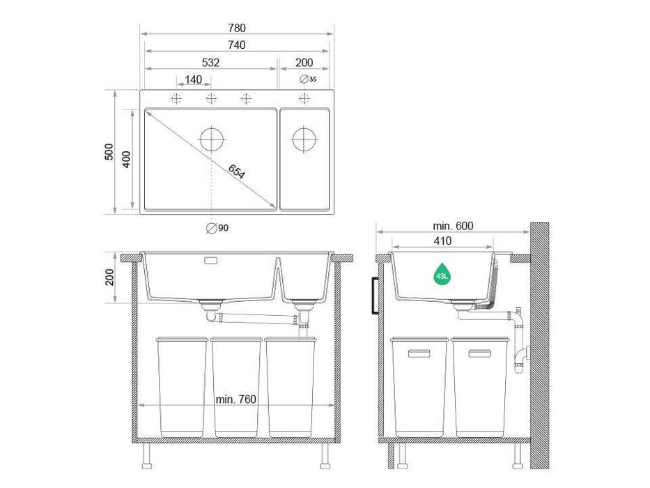 Сива кухненска гранитна мивка Осло 80 Duo Top 780x500 мм