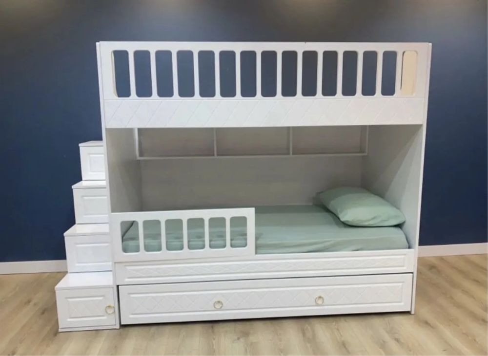 Двуетажно детско легло със странични стълби Бял "Zumrut White"