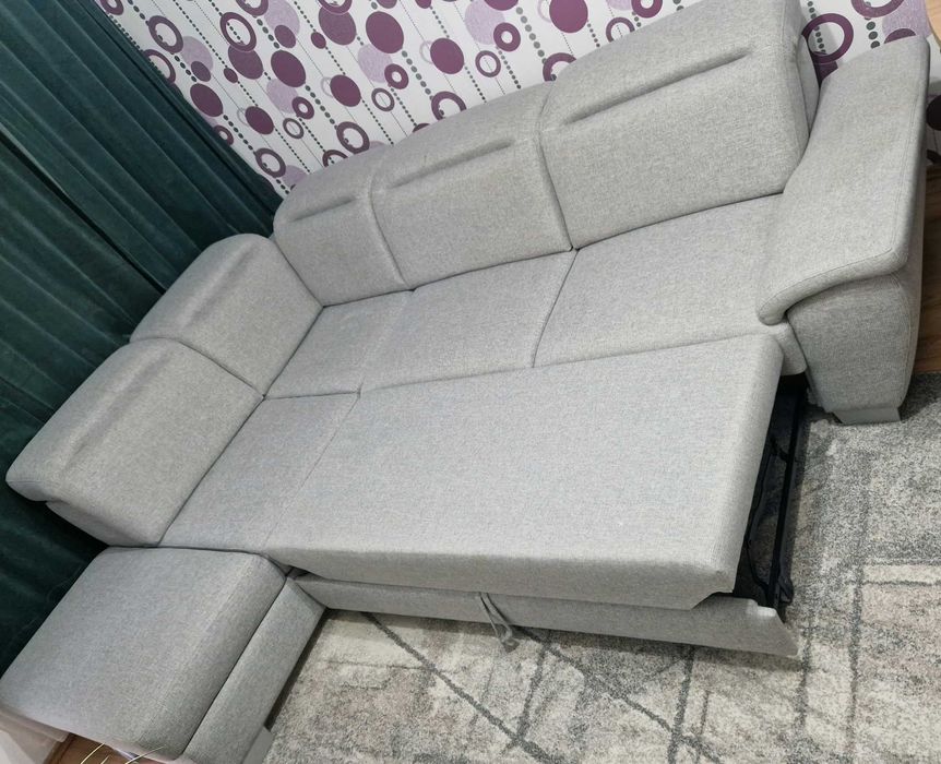 Vand coltar extensibil, cu lada de depozitare, 290 x 180 cm, gri