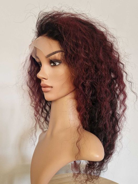 Естествена афро перука къдрава черна с тъмно червени бородо кичури