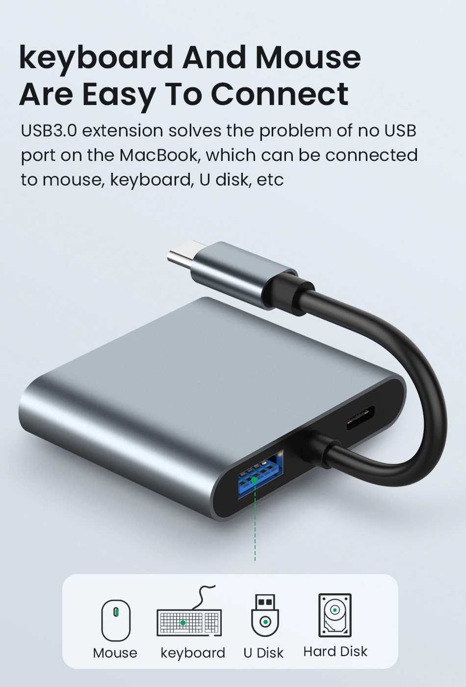 Adaptor convertor USB-C la HDMI + HDMI + USB 3.0 + PD laptop, telefon