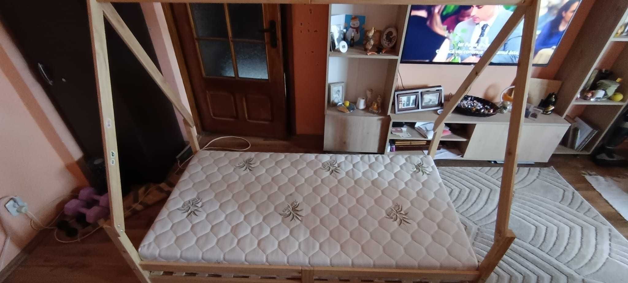 Pat copii tip casuta cu saltea ortopedica