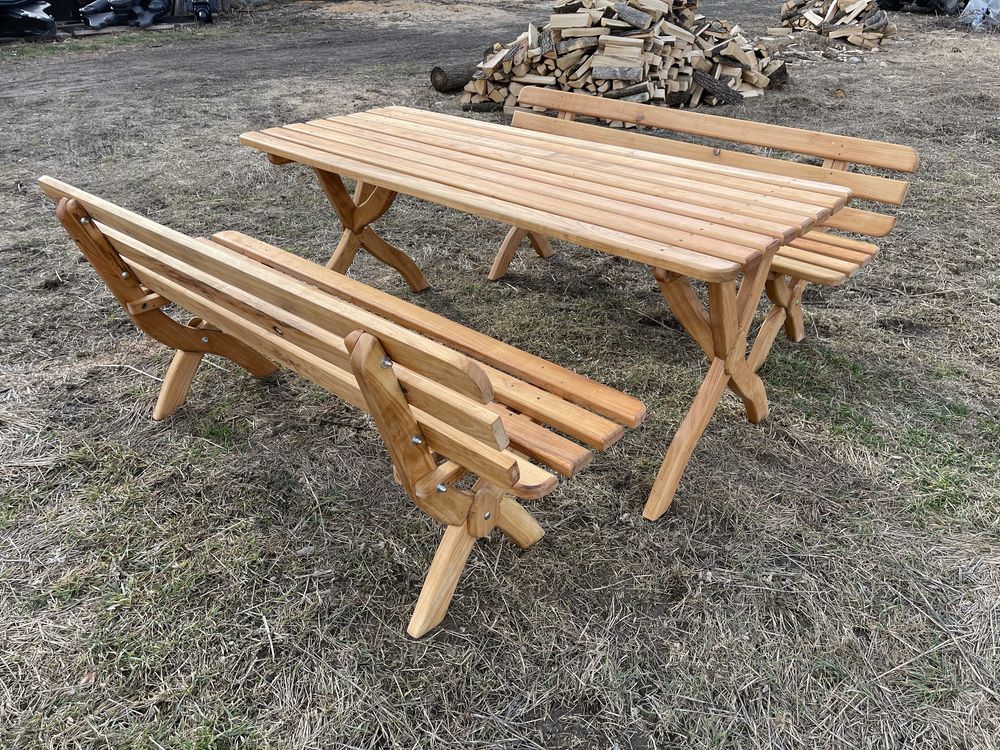 Masa cu doua banci pt. gradina, terasa din lemn de cires masiv