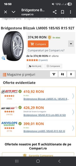 2 Cauciucuri iarna Dacia Logan 185 65 R15 Bridgestone 2024 sapt 36