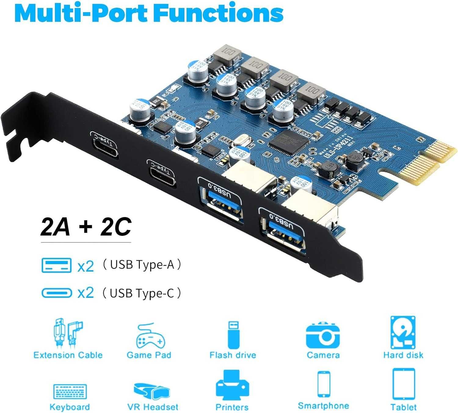 PCIe карта 4 порта (2 x USB C, 2 x USB A) 5 Gbps PCIe USB 3.0/USB 3.2