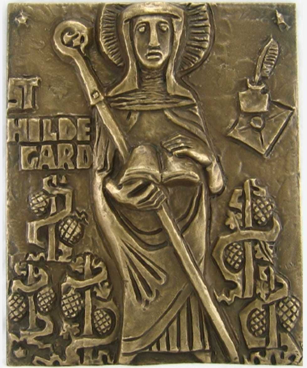 Iconita vintage din bronz cu Sfanta Hildegard
