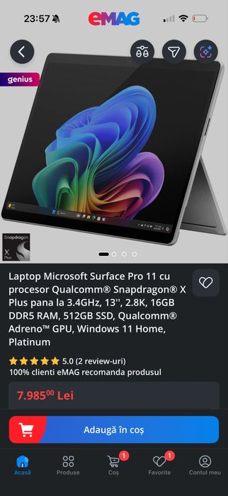 Laptop Microsoft Surface Pro 11 ,Snapdragon X, 16Gb , sigilat !