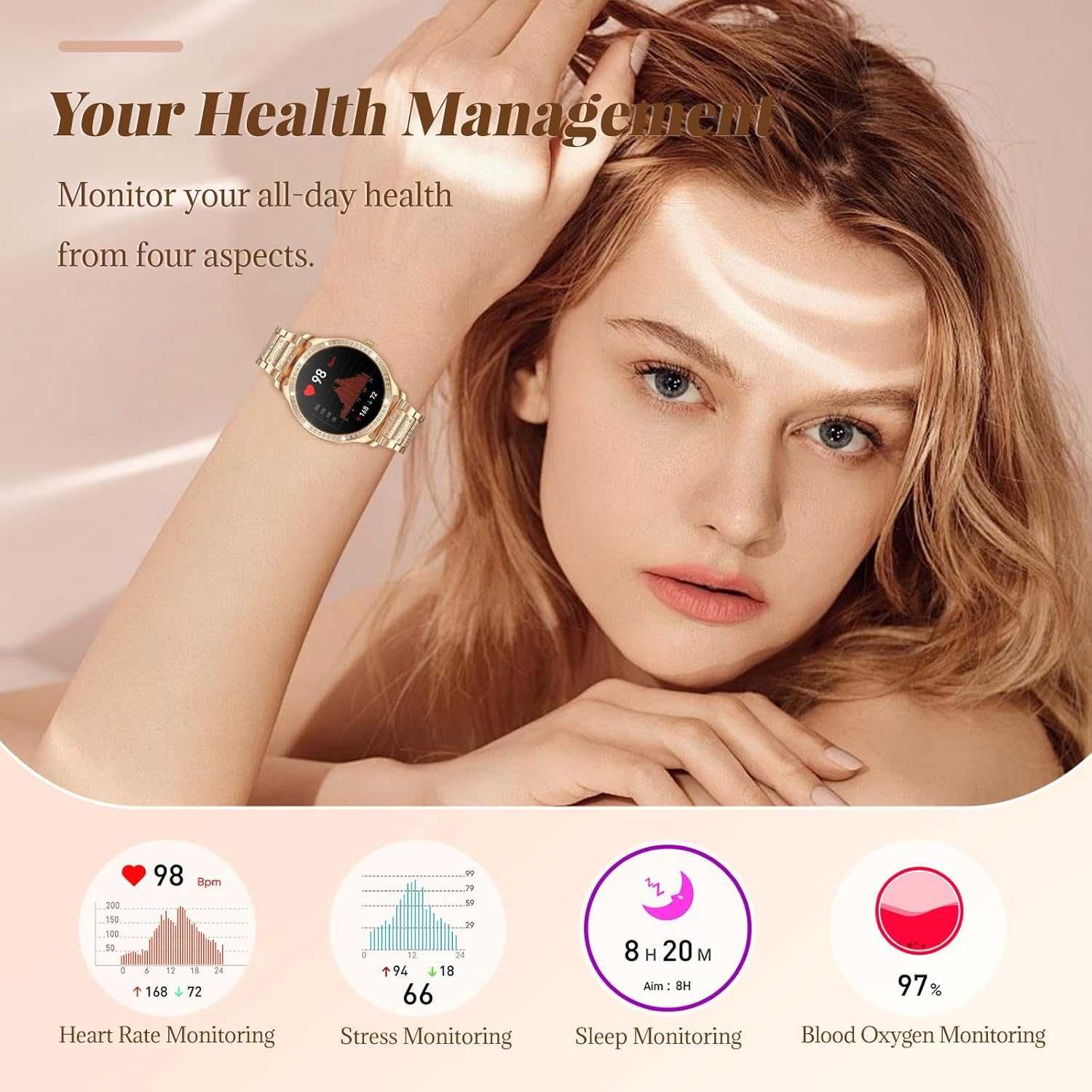 Смарт часовник Lilety за жени, 1,28" с повикване, IP68 за Android iOS
