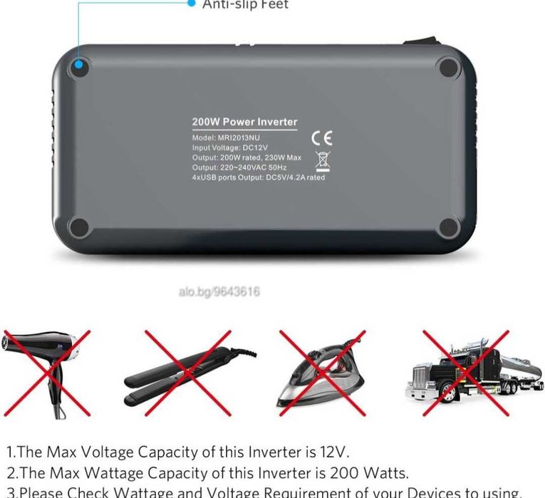 Инвертор 200W 11-15V DC 220-240V AC 4USB две гнезда контакт BESTEK TUV