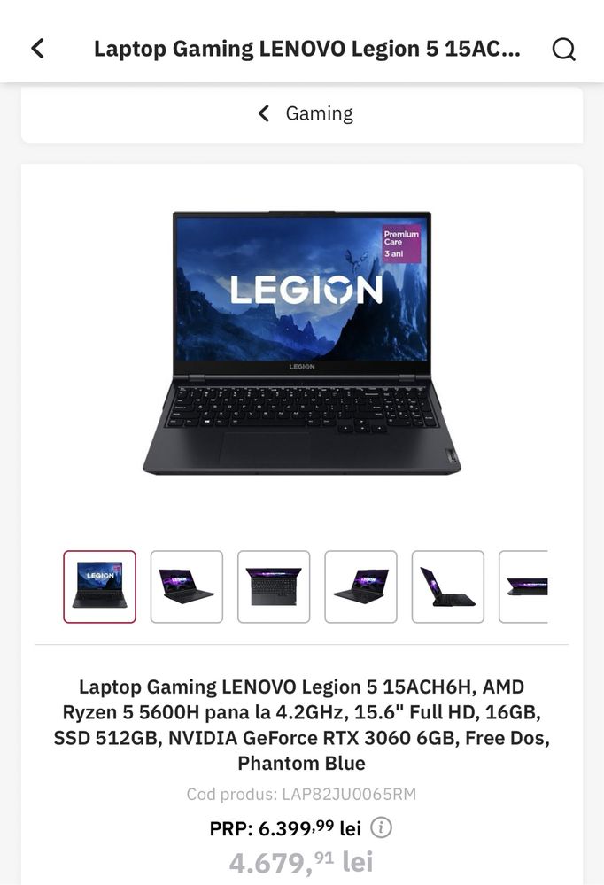 Laptop Gaming Lenovo Legion5  15ACH6H