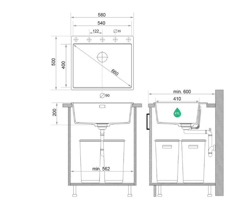 Кухненска Мивка от гранит  Осло XL TOP 580 x 500 mm - Черна + навиш