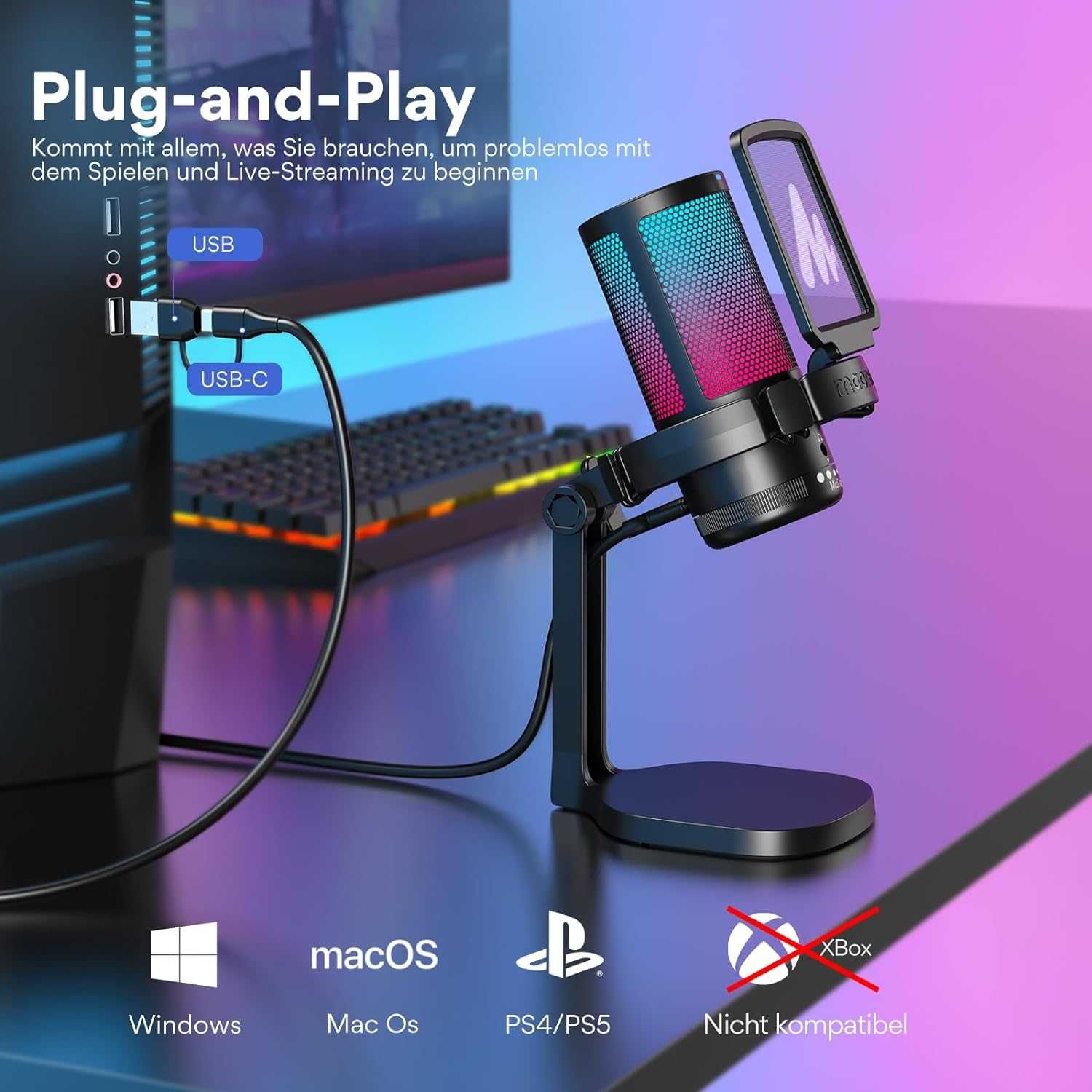 Геймърски микрофон PC Noise Cancelling Стрийинг Подкаст Студио