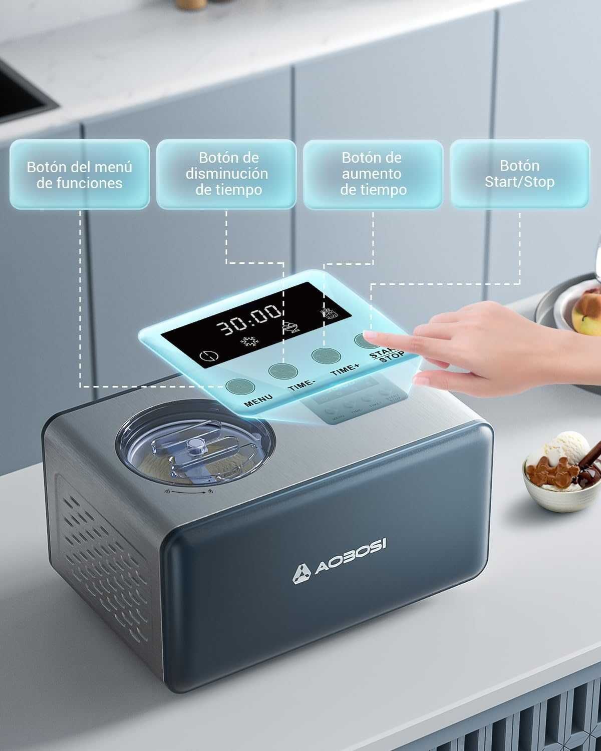 Машина за сладолед Aobosi 1.5L Мощен компресор за бърз сладолед 150W