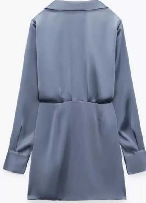 Zara rochie mini maneca lunga gri petrol bleu / gri noua satin decolte